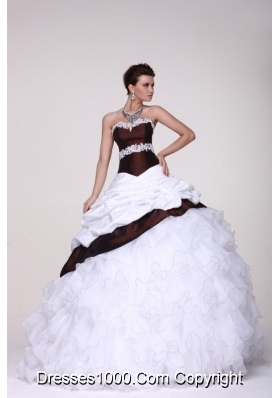 White and Brown Organza and Taffeta Ruffled Sweet 16 Dresses