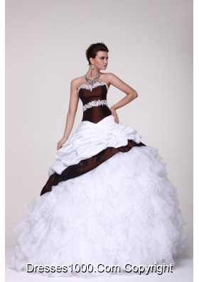 White and Brown Organza and Taffeta Ruffled Sweet 16 Dresses