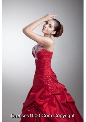 Strapless Beading and Pick Ups Red Taffeta Dresses for Sweet 15