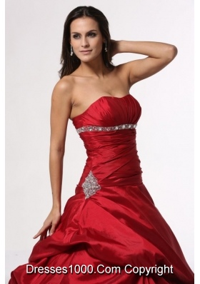 Beading and Ruching Red Taffeta Dress for Sweet 15 with Pick Ups