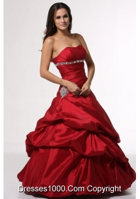 Beading and Ruching Red Taffeta Dress for Sweet 15 with Pick Ups