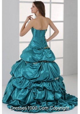 Taffeta Strapless Sweetheart Ruched Teal Quinceanera Dresses with Pick-up