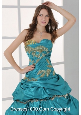 Taffeta Strapless Sweetheart Ruched Teal Quinceanera Dresses with Pick-up