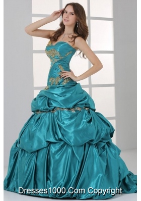 Taffeta Strapless Sweetheart Ruched Teal Quinceanera Dresses with Pick-up