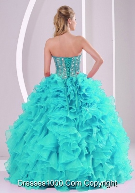 Popular Aqua Blue Ball Gown Ruffles and Beaded Decorate Quinceanera Gowns for Sweet 16