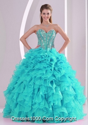Popular Aqua Blue Ball Gown Ruffles and Beaded Decorate Quinceanera Gowns for Sweet 16