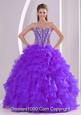 Purple Luxurious Quinceanera Dresses with Ball Gown Sweetheart Ruffles and Beading Lace Up