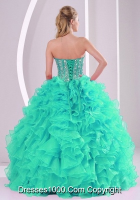 2014 Turquoise Puffy Sweetheart Oraganza Ruffles and Beading Quinceanera Gowns