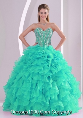 2014 Turquoise Puffy Sweetheart Oraganza Ruffles and Beading Quinceanera Gowns