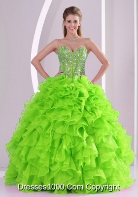 Ruffled Ball Gown Sweetheart 2014 summer Green Quinceanera Gowns with Beading