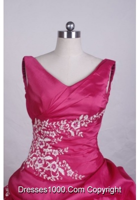 Fashionable Ball Gown V-Neck Floo_length Appliques Tffeta Hot Pink Quinceanera Dresses