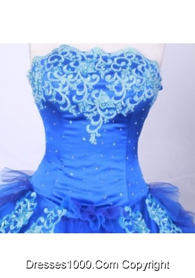 Modest Ball Gown Strapless FLoor-Length Blue Appliques And Beading Quinceanera Dresses