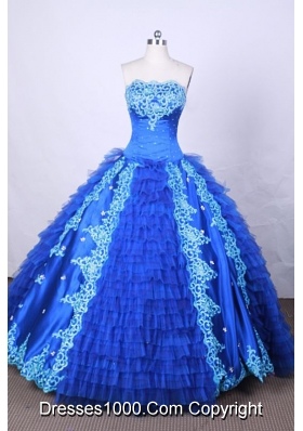 Modest Ball Gown Strapless FLoor-Length Blue Appliques And Beading Quinceanera Dresses