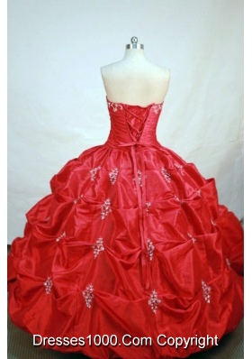 Elegant ball gown strapless floor-length  red taffeta appliques quinceanera dress