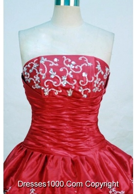 Elegant ball gown strapless floor-length  red taffeta appliques quinceanera dress