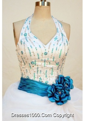 Pretty ball gown halter top floor-length beading sash with turquoise white quinceanera dress