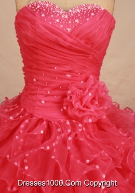 Pretty ball gown sweetheart-neck floor-length organza beading waterlmelon quinceanera dresses with rolling flowers