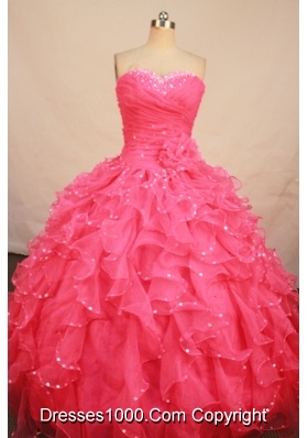 Pretty ball gown sweetheart-neck floor-length organza beading waterlmelon quinceanera dresses with rolling flowers