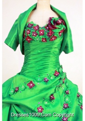 Perfect Ball Gown One Shoulder Neck Floor-Length Spring Green Beading and Appliques Quinceanera Dresses