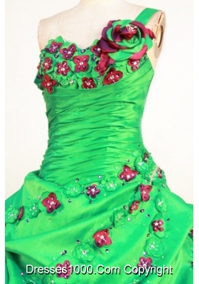 Perfect Ball Gown One Shoulder Neck Floor-Length Spring Green Beading and Appliques Quinceanera Dresses