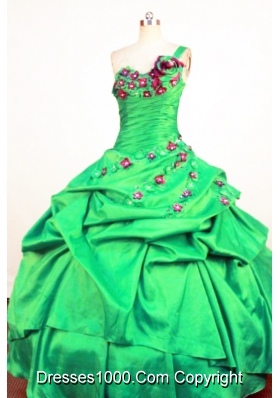 Perfect Ball Gown One Shoulder Neck Floor-Length Spring Green Beading and Appliques Quinceanera Dresses
