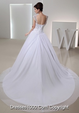 2014 Spring Ball Gown Square Appliques Beading Wedding Dress in White