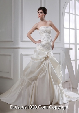 Puffy Strapless Appliques and Pick-ups Wedding Dress with Court Train