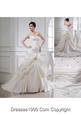 Puffy Strapless Appliques and Pick-ups Wedding Dress with Court Train