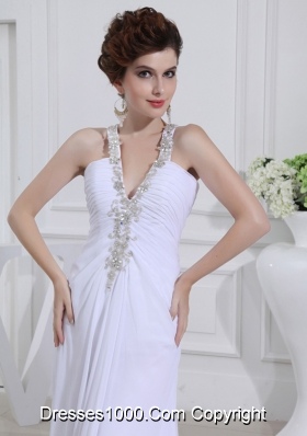 2014 Column V-neck Chiffon Beading Wedding Dress with Sweep Train