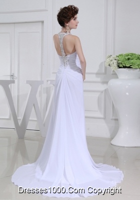 2014 Column V-neck Chiffon Beading Wedding Dress with Sweep Train