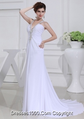 2014 Column V-neck Chiffon Beading Wedding Dress with Sweep Train