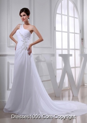 2014 Elegant Coulmn One Shoulder Wedding Dress with Appliques