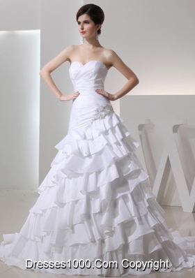 2014 Popular Mermaid Sweetheart Ruffled Layers Wedding  Dress with Lace