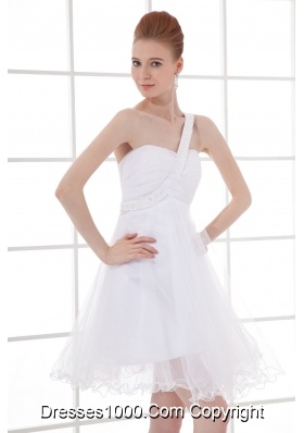 2014 Simple A-line One Shoulder Tulle Ruching Beading Short Wedding Dress