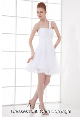 2014 Simple A-line One Shoulder Tulle Ruching Beading Short Wedding Dress