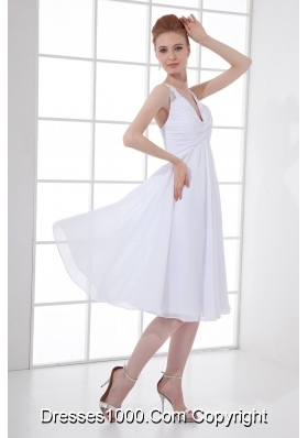 2014 Spring A-line V-neck Knee-length Chiffon Wedding Dress with Ruching