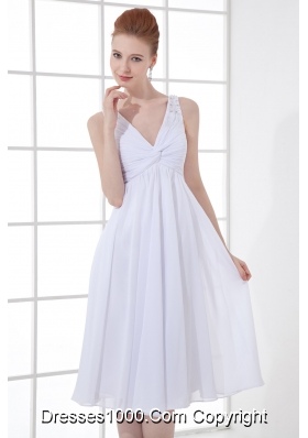 2014 Spring A-line V-neck Knee-length Chiffon Wedding Dress with Ruching