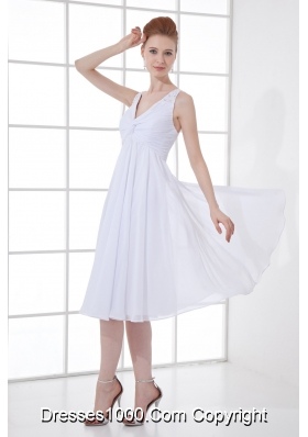 2014 Spring A-line V-neck Knee-length Chiffon Wedding Dress with Ruching