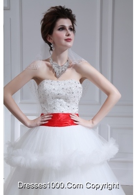 2014 Spring Beautiful Ball Gown Strapless Beading Ruffled Layers Chapel Train Wedding Dress