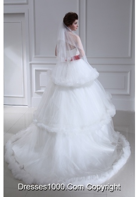 2014 Spring Beautiful Ball Gown Strapless Beading Ruffled Layers Chapel Train Wedding Dress