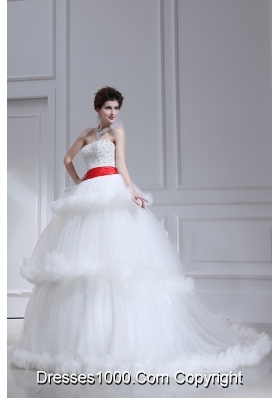 2014 Spring Beautiful Ball Gown Strapless Beading Ruffled Layers Chapel Train Wedding Dress