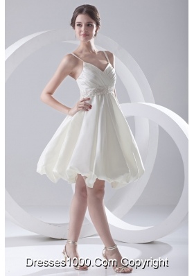 Cheap A-line Spaghetti Straps Knee-length Ruching Satin Wedding Dress