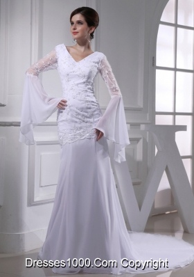 Cheap Column V-neck Lace Chiffon Wedding Dress With Long Sleeves