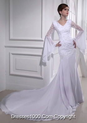 Cheap Column V-neck Lace Chiffon Wedding Dress With Long Sleeves