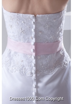 Column Strapless Sashes and Appliques Wedding Dress with Brush Train