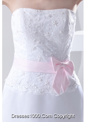 Column Strapless Sashes and Appliques Wedding Dress with Brush Train