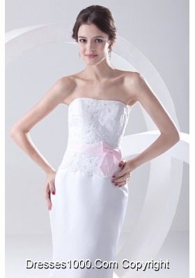 Column Strapless Sashes and Appliques Wedding Dress with Brush Train