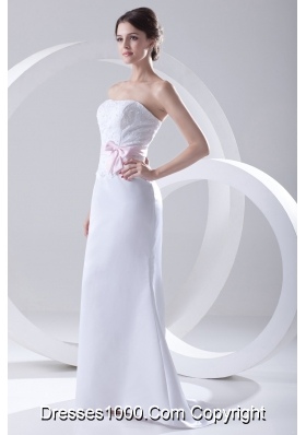 Column Strapless Sashes and Appliques Wedding Dress with Brush Train