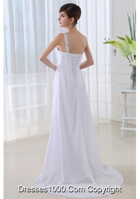 Elegant Empire One Shoulder Ruching Appliques High Slit Brush Train Wedding Dress