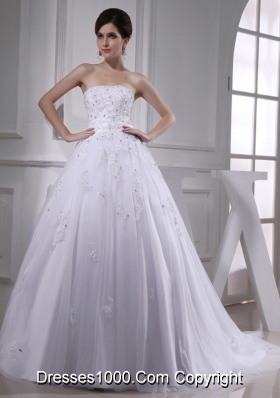 Exquisite A-line Beading and Appliques Chapel Train Wedding Dress with Strapless